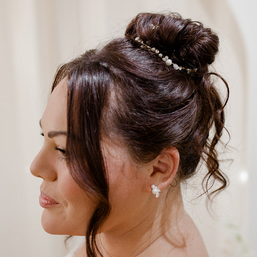 Bridal up do styled with EJ.Edit delicate gold, crystal & pearl hair vine.