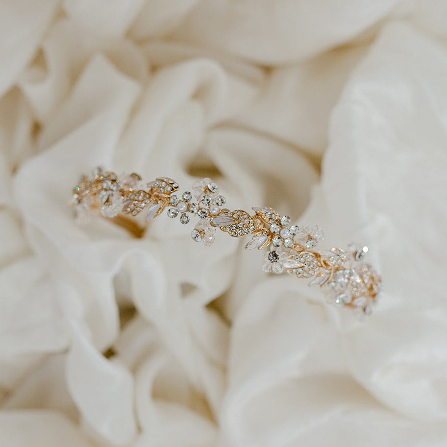 Delicate gold crystal, pearl & diamante bridal tiara.