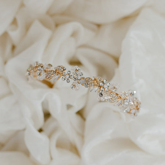 Delicate gold crystal, pearl & diamante bridal tiara.